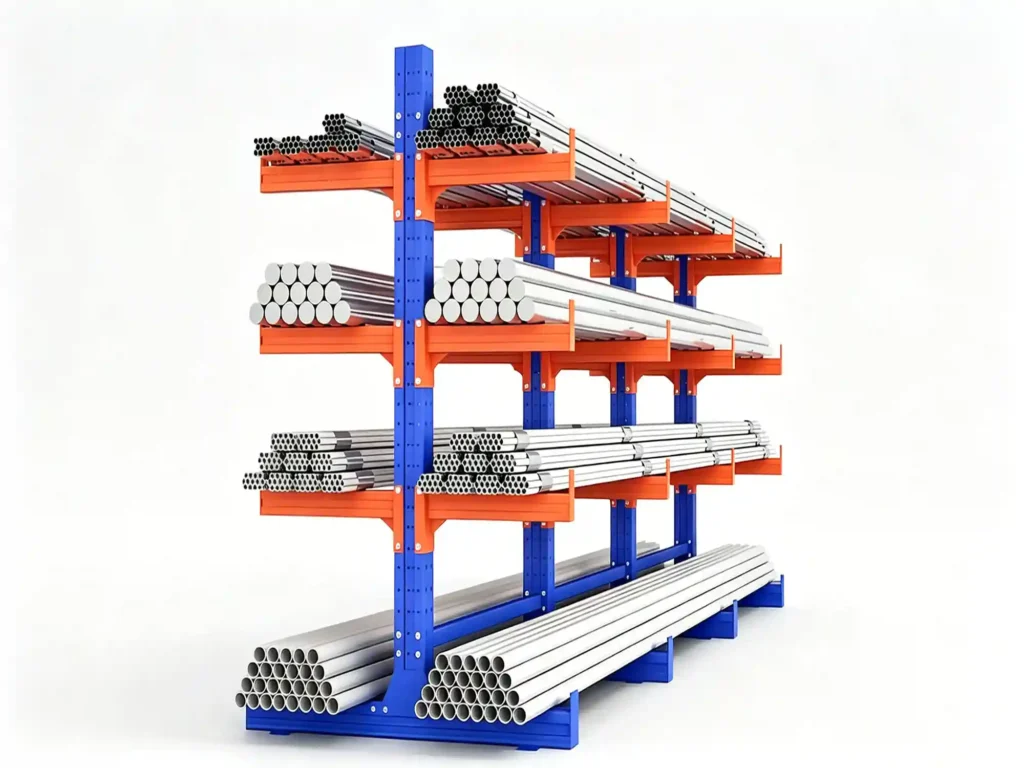 Cantilever racks for storing timber, steel pipes, and conduits